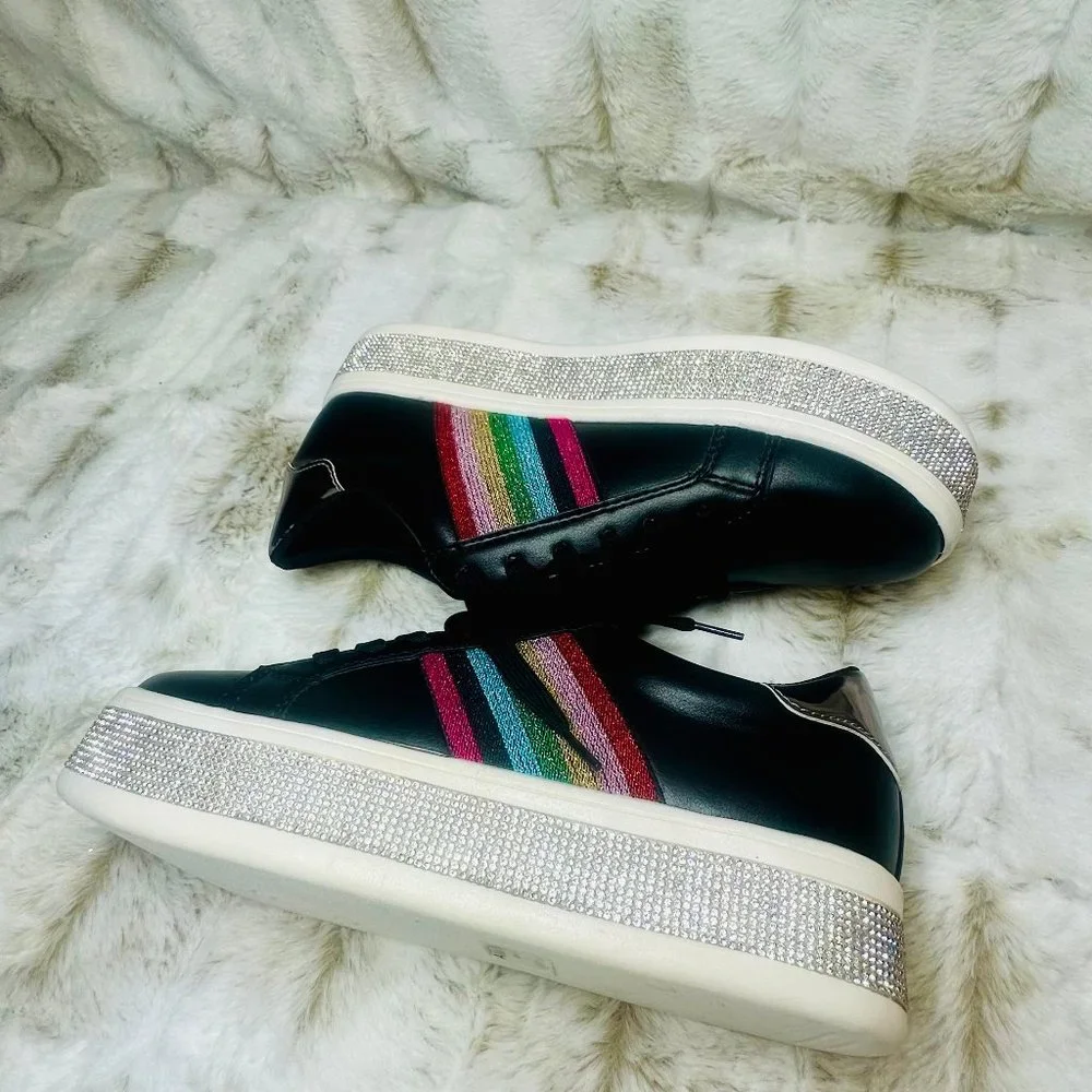 Pazzle Black Leatherett With Rainbow Stripes & Rhinestone Trim Platform Sneaker